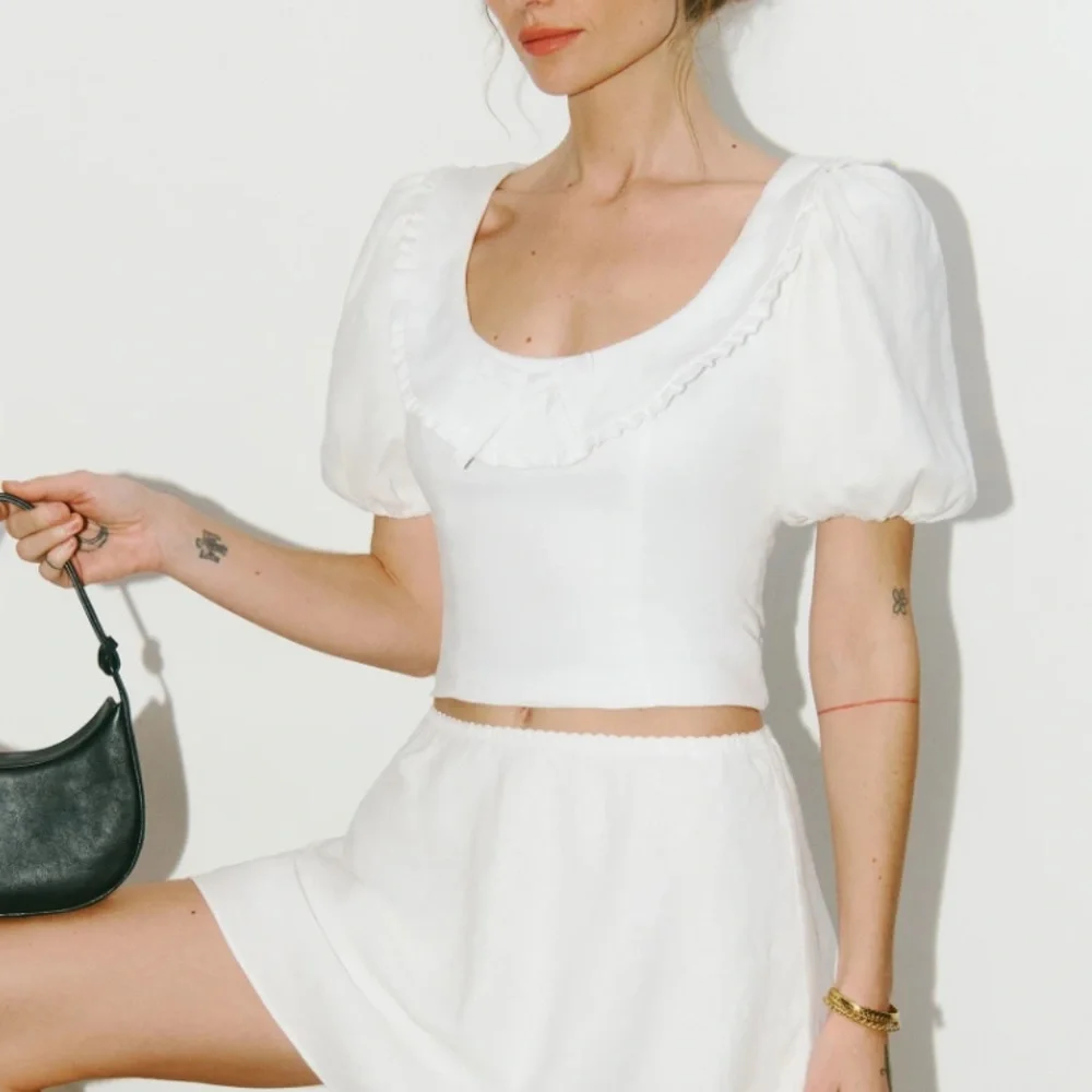Reformation Greta Linen Top - White Puff Sleeve Bow - Picture 1 of 9